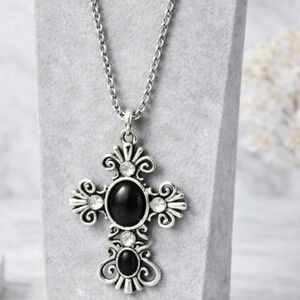Black Beaded necklace with Silver Toned Cross and chain | Faith collection